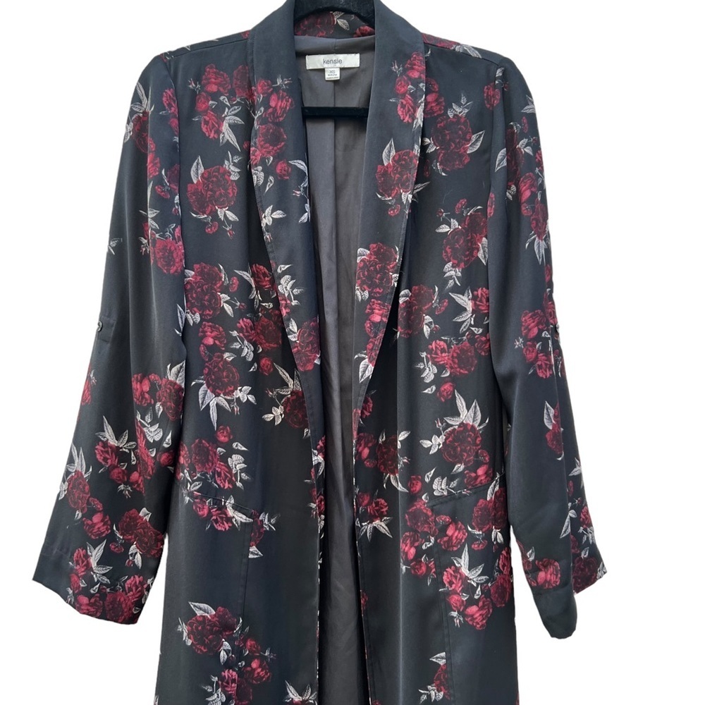 Kensie Dark Floral Shawl Collar Rose Noir Trench Midi Coat/Dress Size XS - Picture 6 of 15